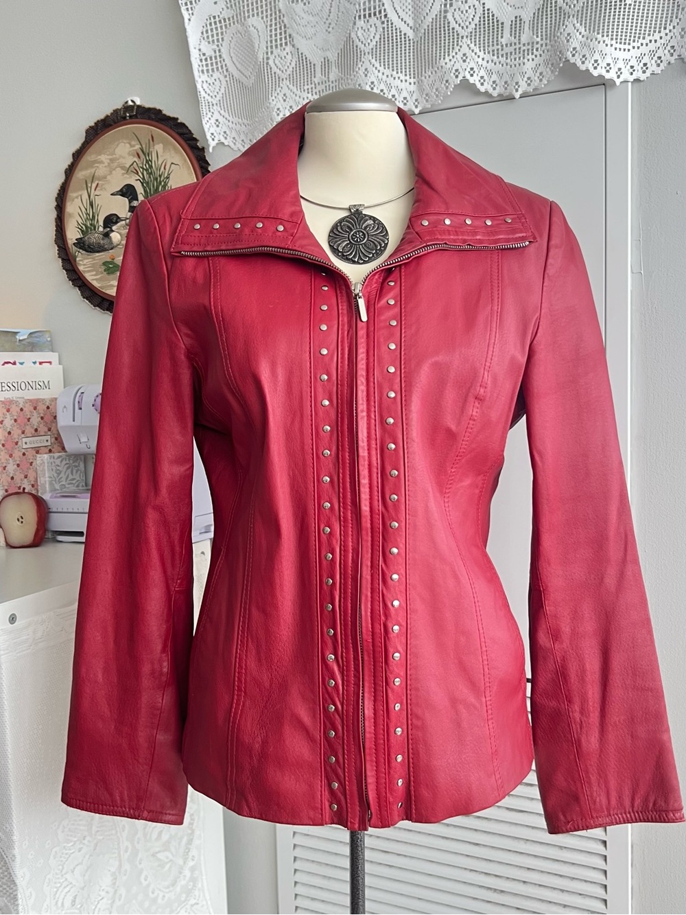 Vintage Y2K Guillaume Red Leather Jacket with Silver Studs